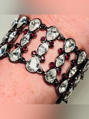 Wide Art Deco Revival Statement Bracelet, Clear & Red Crystals, Double Clasped